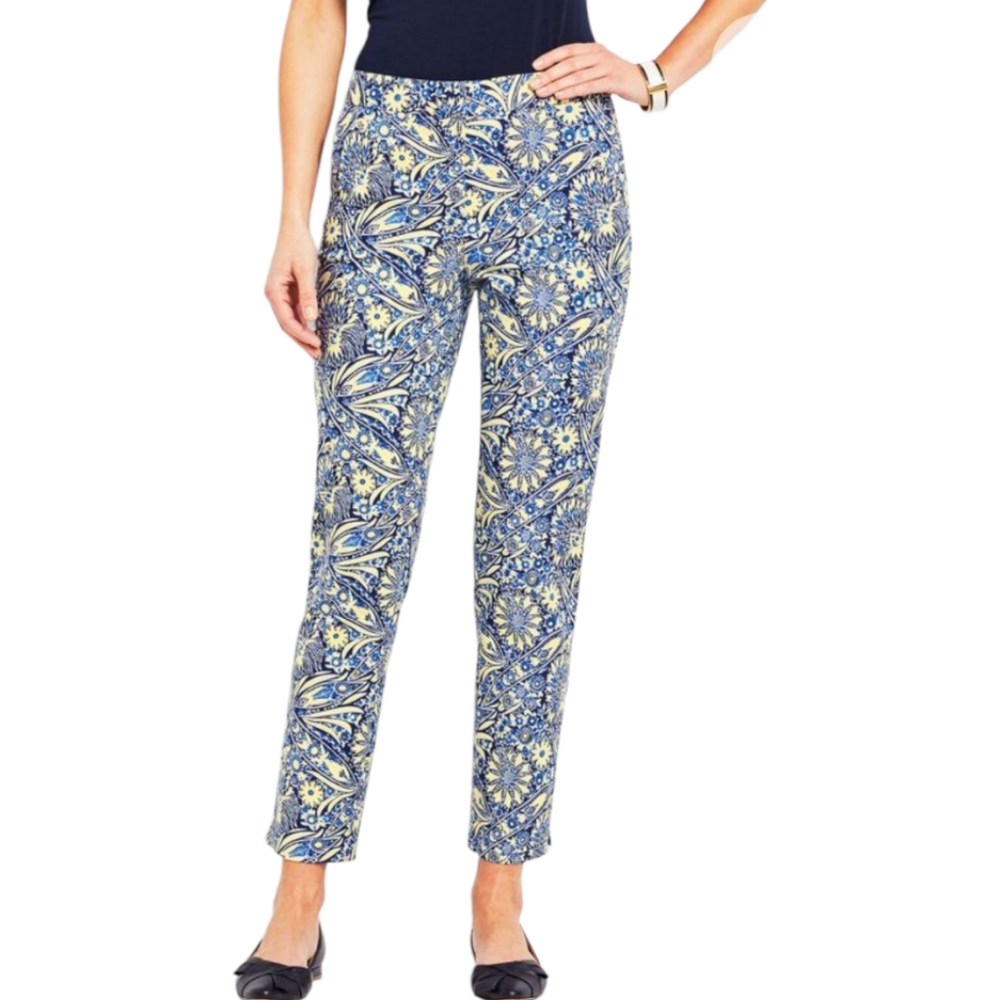 Talbots Slim-Leg Scallop Pocket Slim Ankle Blue Yellow Paisley Pants Size 6